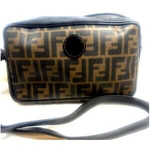 Vintage Fendi Zucca FF Monogram Crossbody Camera Bag Black Leather with COA